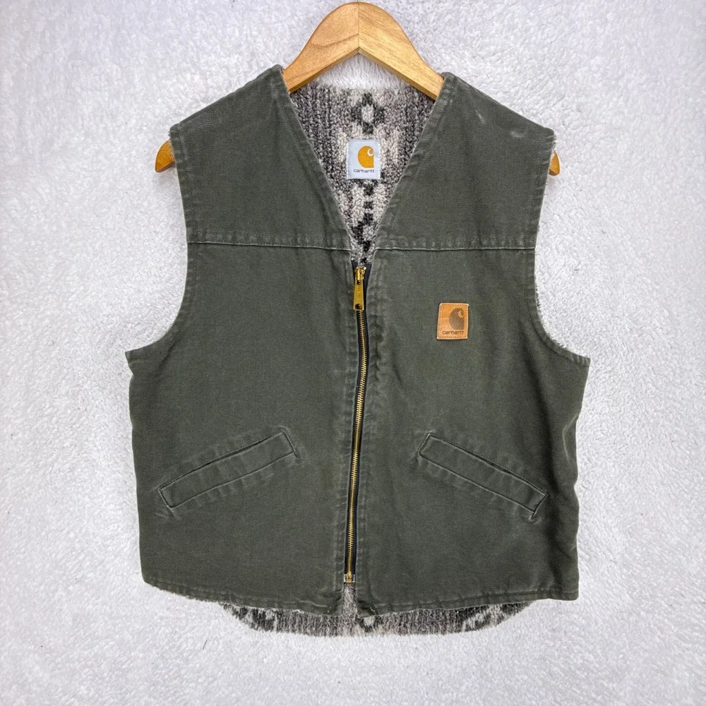 Carhartt Vest Aztec Pile Lining Mens Small VP166 Dark Olive Green - Picture 1 of 10